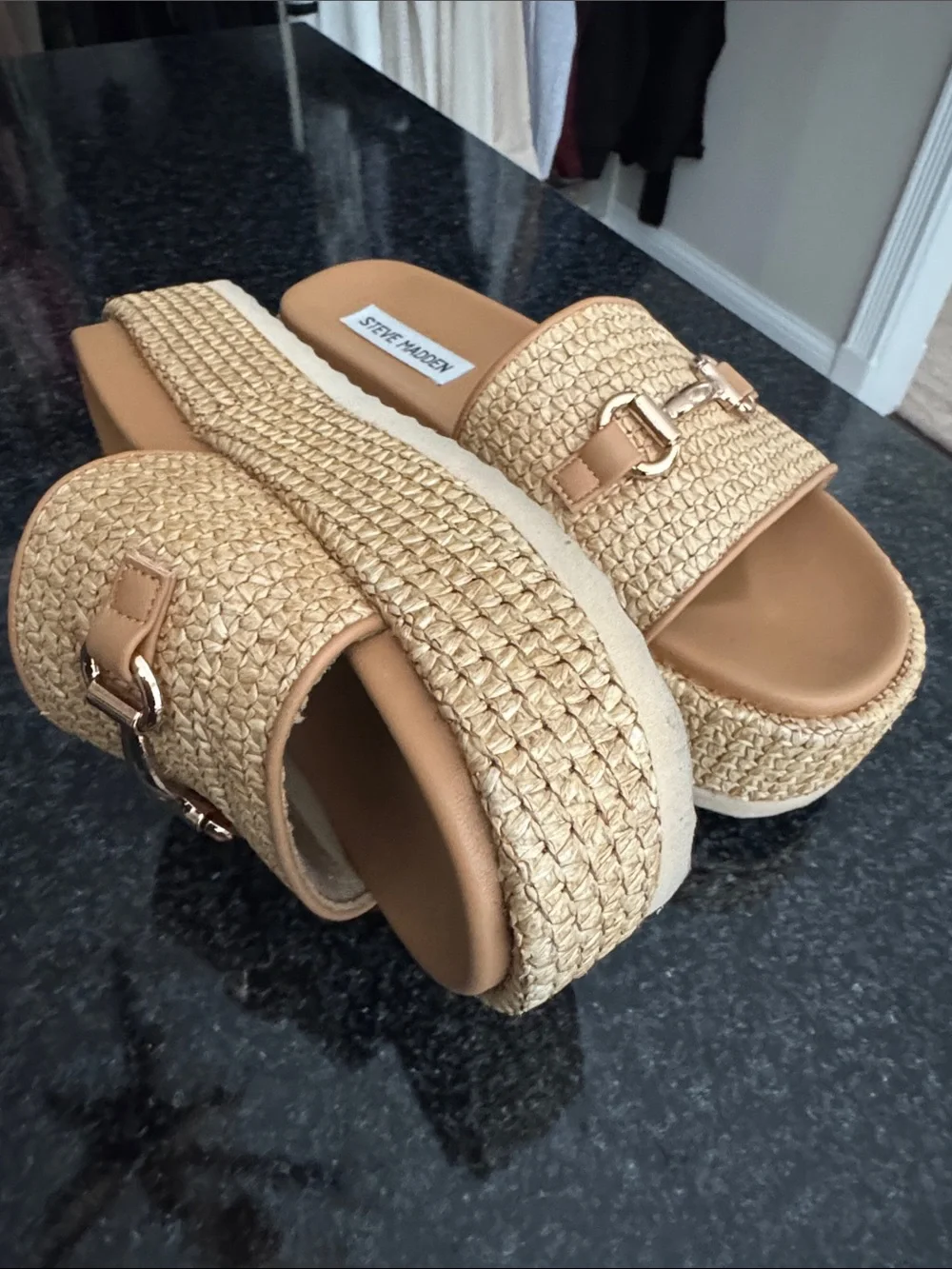 Steve Madden Beige Woven Platform Slide Sandals with Gold Buckle